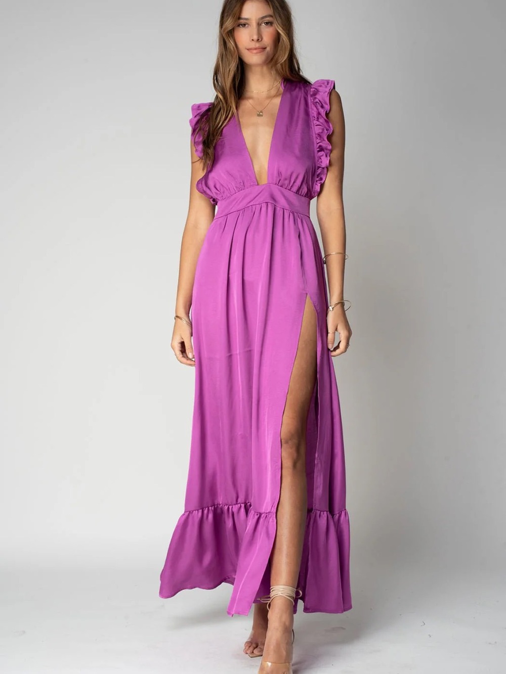 Deep V Ruffle Sleeve Maxi Dress in Magenta